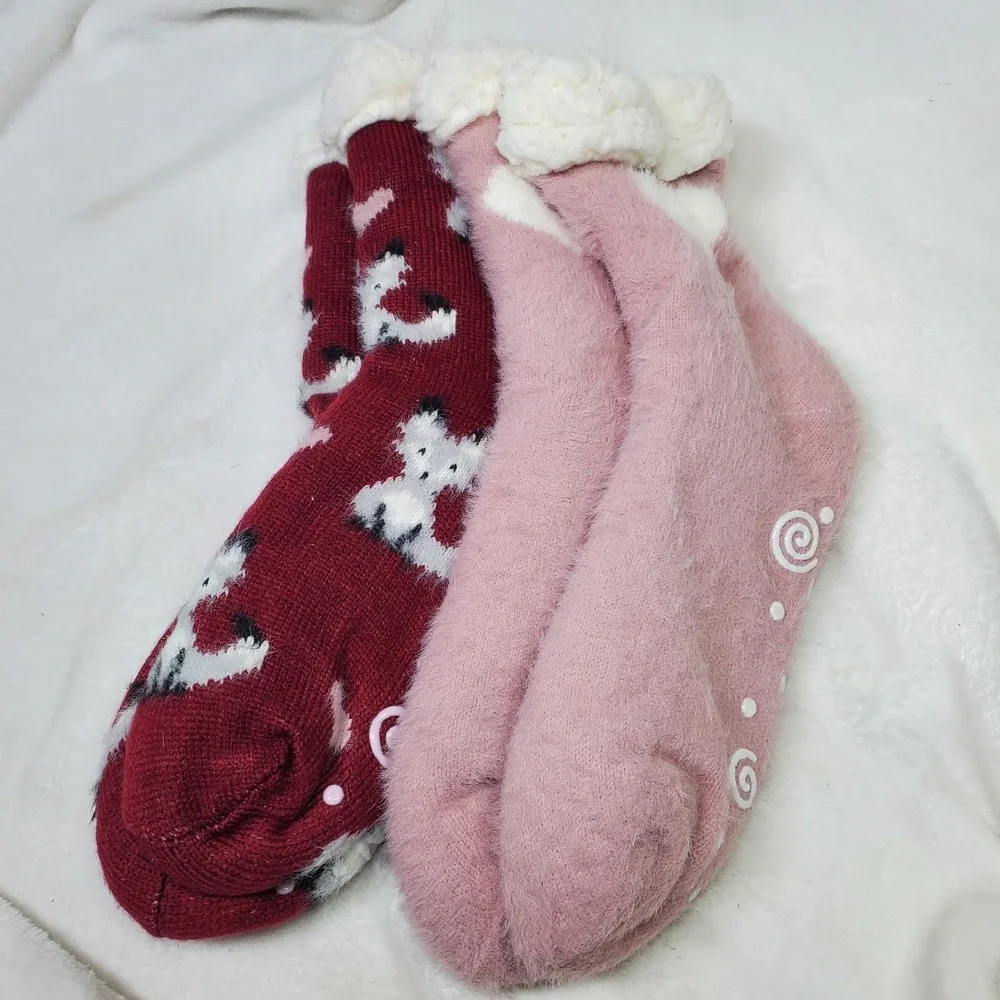 Muk Luks Women Cabincore Faux‎ Sherpa Non-Skid Socks 2 Pair Animal Fox & Solid
